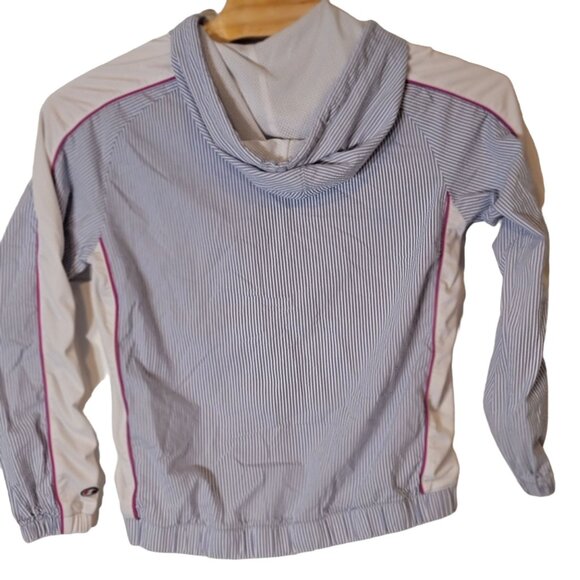 Champion Full Zip Windbreaker Women's Size Medium White Blue Striped Hooded - Picture 2 of 6